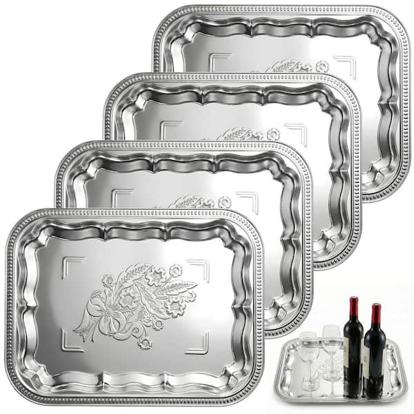 Silver Square Steel Serving Tray Set with Floral Engraved Handles and Edges, 4 Pack Decorative Platters