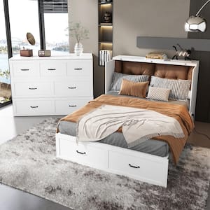 White Wooden 61.8 in. W Chest of Drawers, Can Convertible to Queen Size Bed with USB Charging Station and Wheels