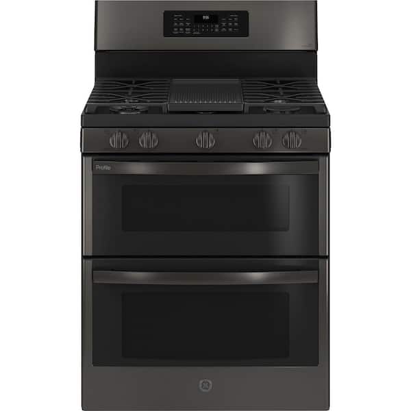 GE Profile 30 in. 5 Burner Smart Freestanding Double Oven Gas Range in Black Stainless with Air Fry