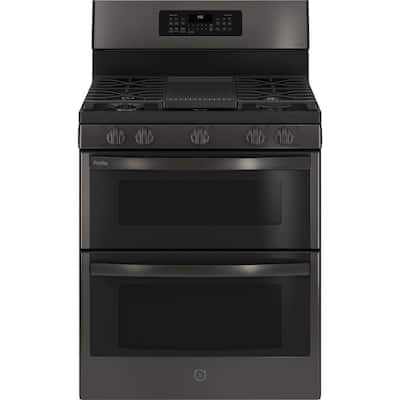 Profile 30 in. 6.8 cu. ft. Double Oven Gas Range with Self-Cleaning Convection Oven in Black Stainless