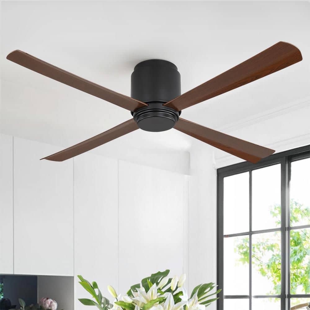 54 in. 4 ABS Walnut Color Blades Indoor Flush Mount Standard Dc Motor Ceiling Fan with Remote, Black price history on PriceWatchPro