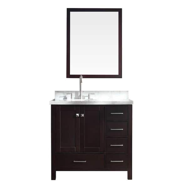 ARIEL Cambridge 37 in. W x 22 in. D Bath Vanity in Espresso with Marble Vanity Top in White with Basin and Mirror