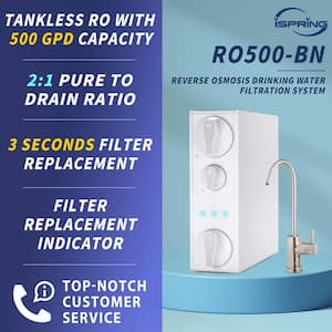 NSF-Certified 500 GPD Tankless Reverse Osmosis System, Reduces PFAS, Chloramine, Lead, Fluoride, Brushed Nickel Faucet