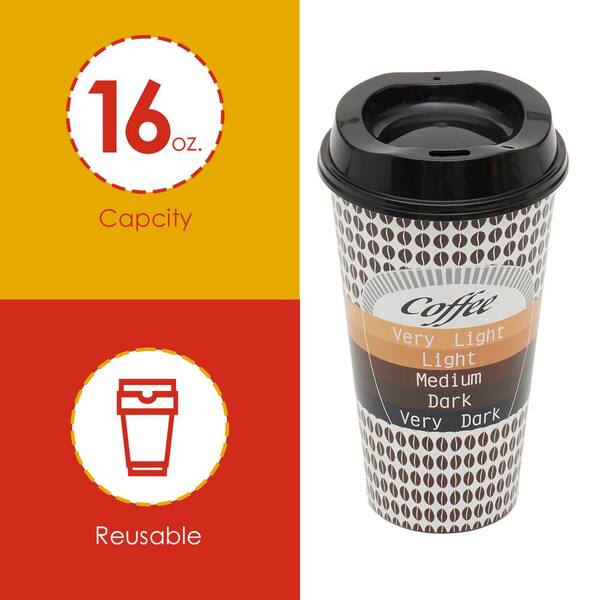 Home Basics 16 oz. 4-Pack of Reusable Plastic Coffee Cups With Lids, Brown  $5.00 EACH, CASE PACK OF 28