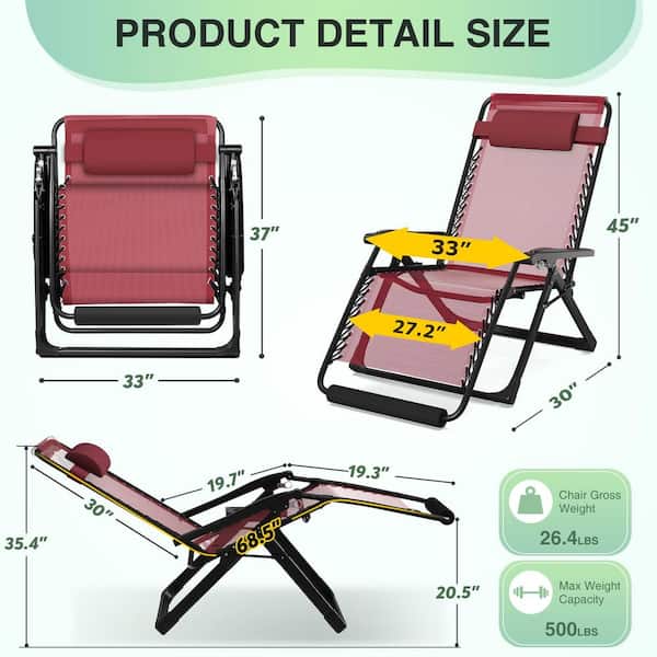 33 in.W Oversized Zero Gravity Chair Metal Outdoor Chaise Lounge with Claret Removable Cushion and Headrest