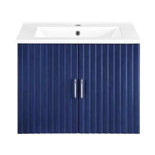 JimsMaison 24 in. W x 18 in. D x 19 in. H Single Sink Wall-Mounted Bath Vanity in Blue with White Ceramic Top