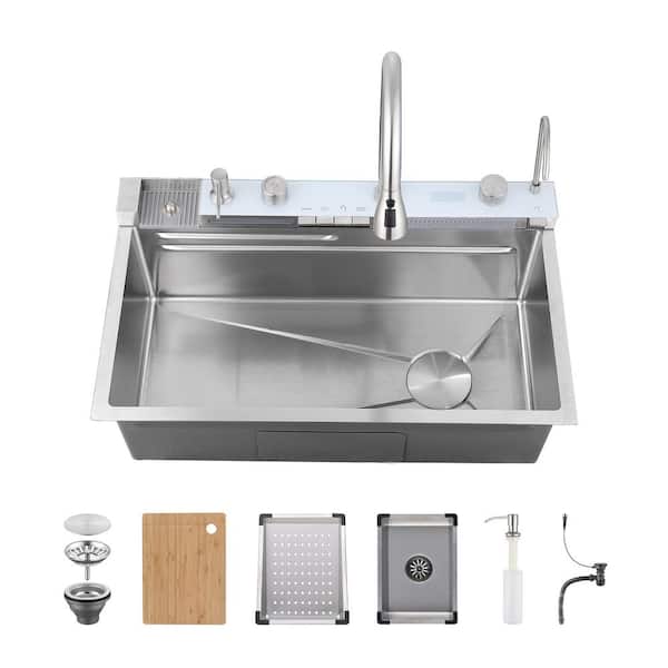 29.5 in. Drop-in Single Bowl Stainless Steel Kitchen Sink with Flying Rain Waterfall, Pull-Down Faucet Kitchen Set