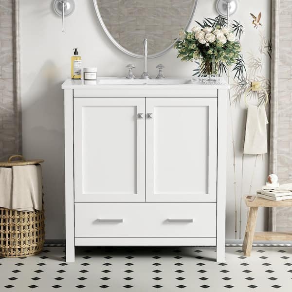 30 in. W x 18 in. D x 34 in. H Single Sink Freestanding Bath Vanity in White with White Ceramic Top