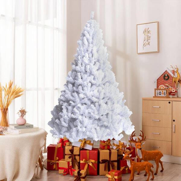 WELLFOR 7 ft. White Regular Unlit PVC Artificial Christmas Tree with Iridescent Branch Tips and Metal Stand