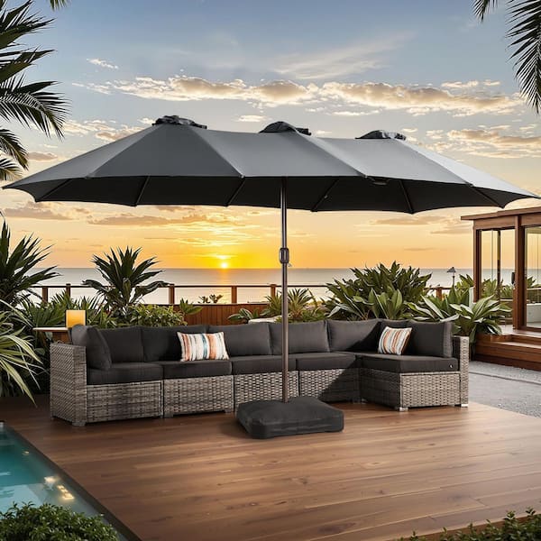 15 ft. Rectangule Outdoor Double Sided Market Patio Umbrella in Dark Gray with Base for Poolside Lawn Backyard Garden
