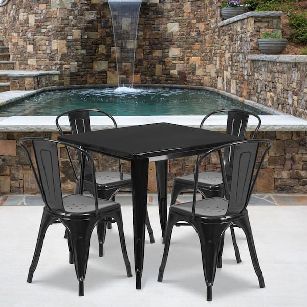 Unbranded Metal Outdoor Dining Table 31.5 in. Square Metal Indoor-Outdoor Table Set with 4 Stack Chairs in Black