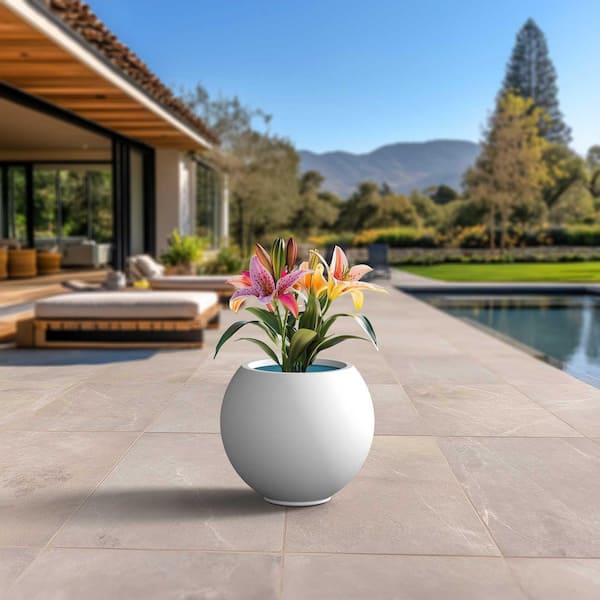 20 in. Large Crisp White (Enhanced Interior) Concrete Round Planter / Pot with drainage holes