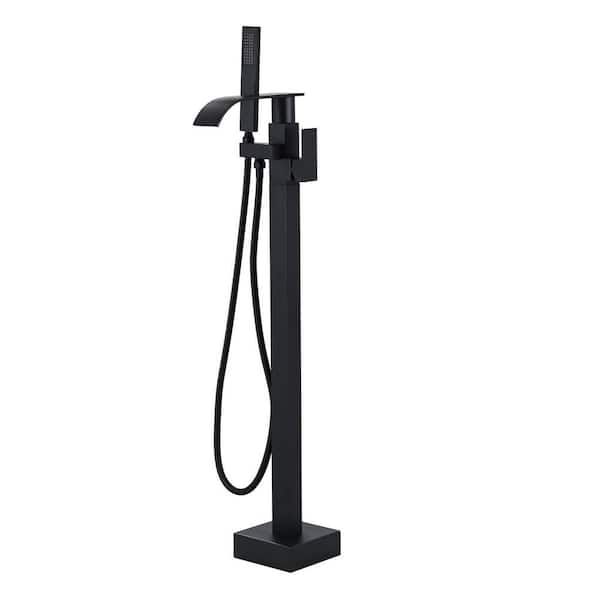 Brass Single-Handle Freestanding Tub Faucet 1.8 GPM Swivel Waterfall Tub Spout with Handheld Shower in. Matte Black