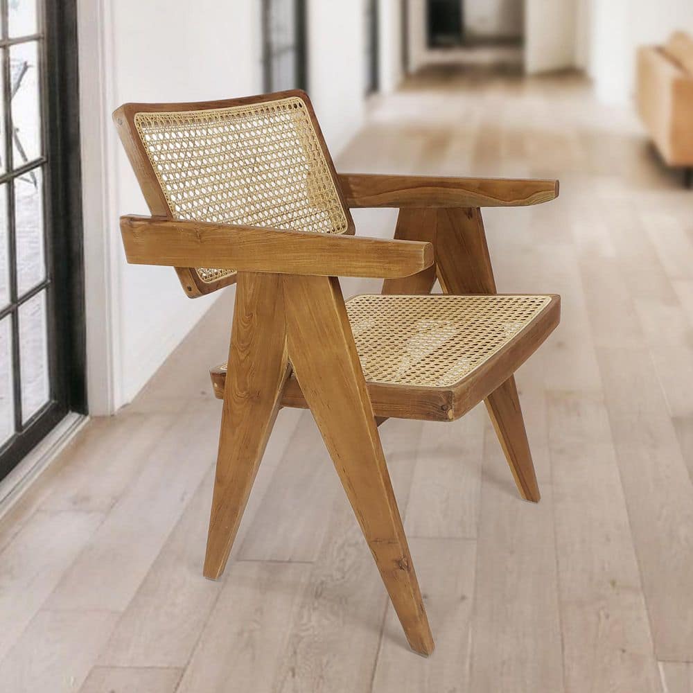 Nacum Light Brown Stained Teak Wood and Natural Rattan Modern Armchair