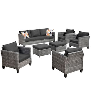 Positano Gray 7-Piece Wicker Patio Conversation Set with Black Cushions