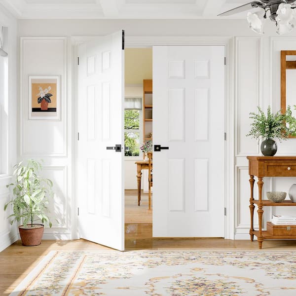 TENONER 60 in. x 80 in.6 Panel Primed Hollow Core Door with Quick