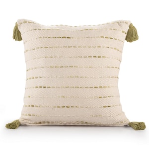 Torrent Olive Green Striped Hand-woven Tasseled 20 in. x 20 in. Indoor Throw Pillow