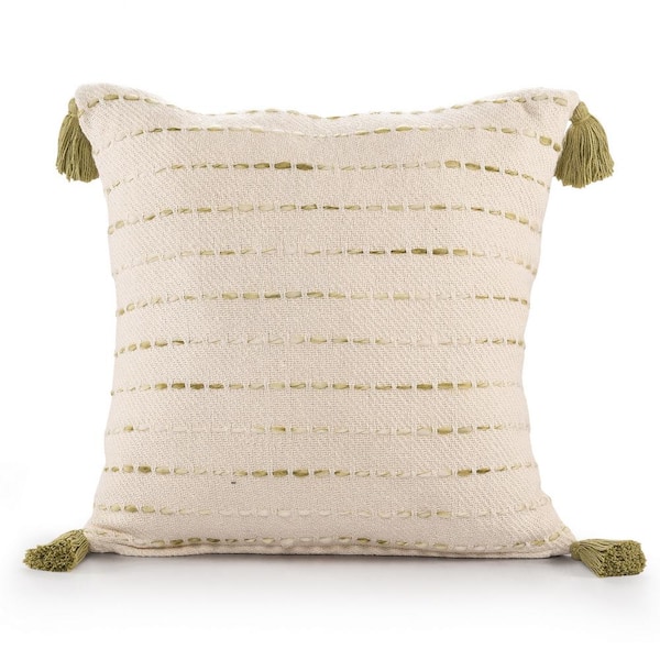 Unbranded Torrent Olive Green Striped Hand-woven Tasseled 20 in. x 20 in. Indoor Throw Pillow