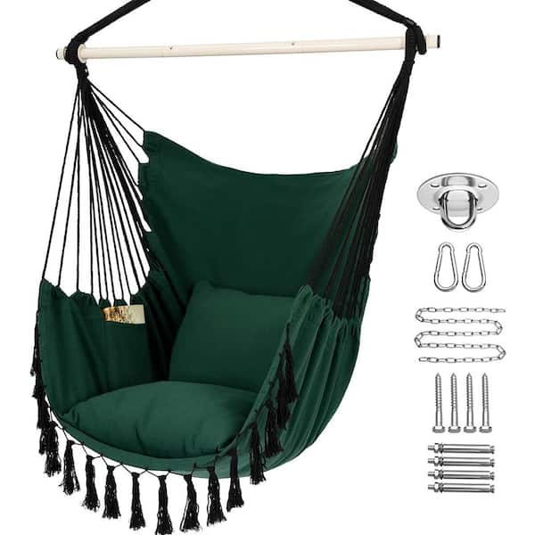 Unbranded Hammock Chair Hanging Rope Swing, Maximum 500 lbs. 2-Cushions Included, Large Macrame Hanging Chair in Green