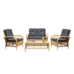 4--Piece Beige Wicker Patio Conversation Seating Set with Dark Gray Cushions and Coffee Table