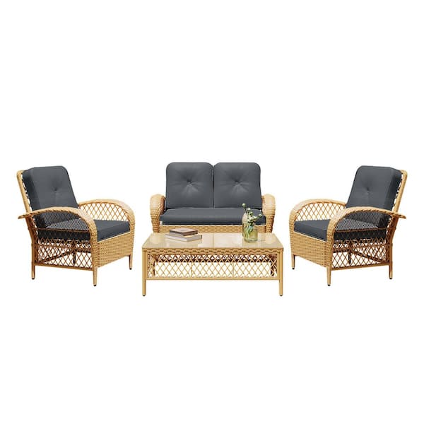 PATIOGUARDER 4--Piece Beige Wicker Patio Conversation Seating Set with Dark Gray Cushions and Coffee Table
