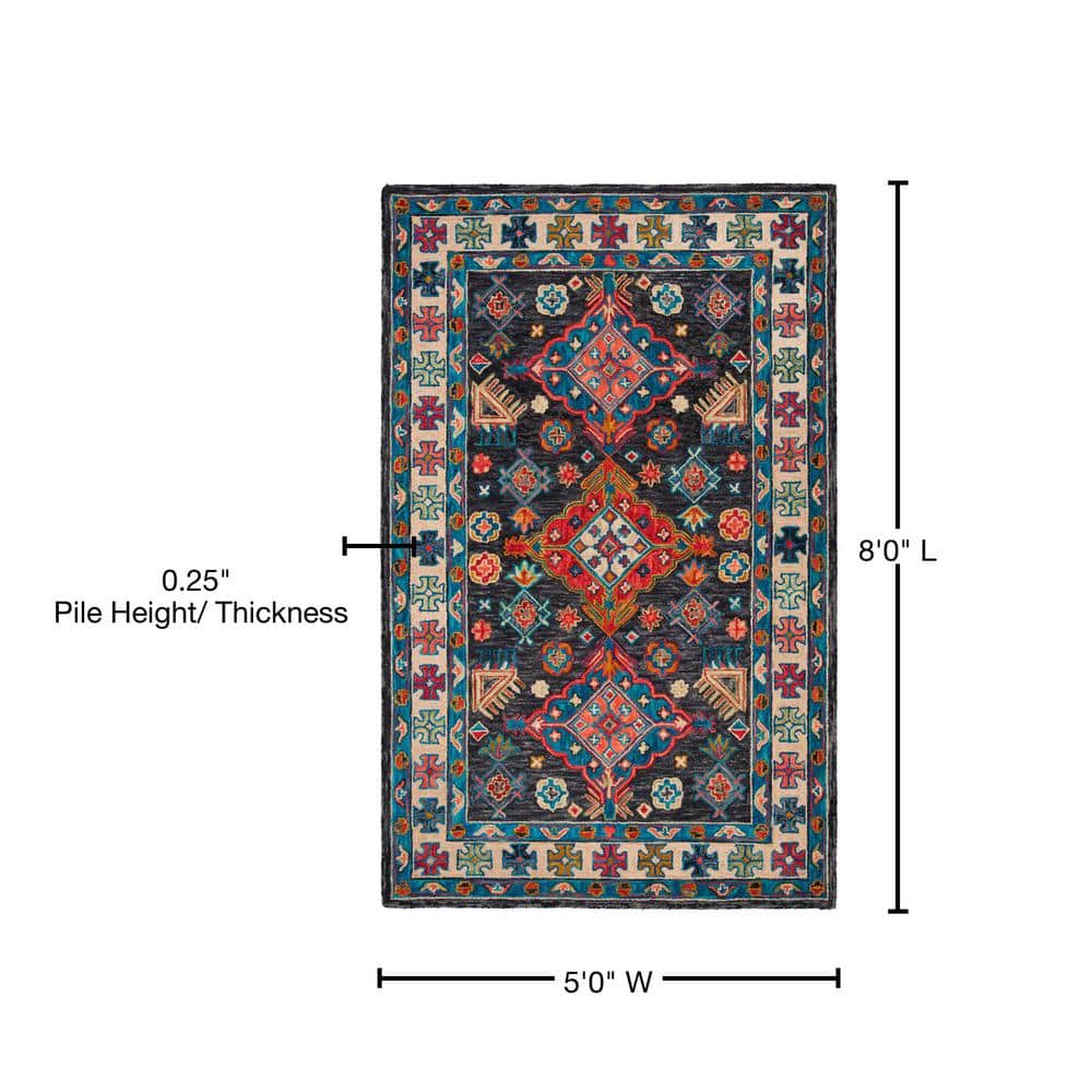 Aspen Charcoal and Blue Handmade Wool Floral Area Rug