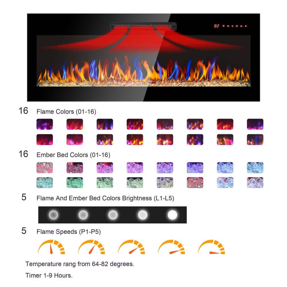 42" Black Wall-Mounted Electric Fireplace with Remote