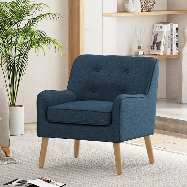CHRISTOPHER KNIGHT HOME Felicity Mid-Century Modern Button Back Navy Blue Fabric Upholstered Solid Wood Accent Chair Armchair