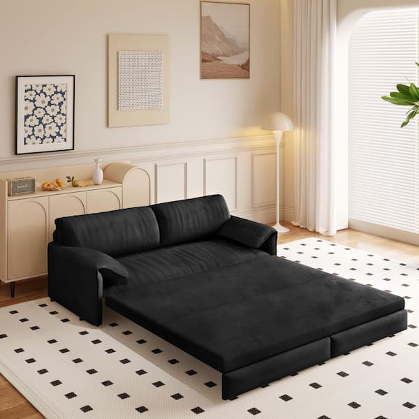 Harper & Bright Designs 3-in-1 Convertible 66 in. Black Soft Velvet Queen Size Sofa Bed with Side Pockets