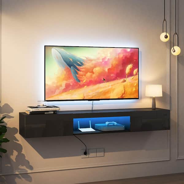 63 in. W x 12.2 in. D x 8.66 in. H Bathroom Storage Wall Cabinet TV Stand in Black with 2-Doors, 16-Color LED Lights