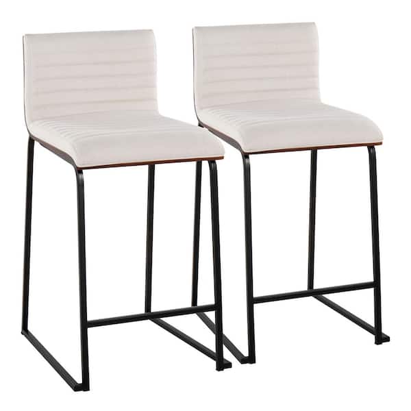 Lumisource Mason Mara 34 in. Cream Fabric and Black Metal Counter Height Bar Stool with Walnut Wood Seat Back (Set of 2)
