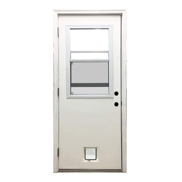 Steves & Sons 30 in. x 80 in. Reliant Series Clear Vented Half Lite RHOS White Primed Fiberglass Prehung Back Door with Small Cat Door