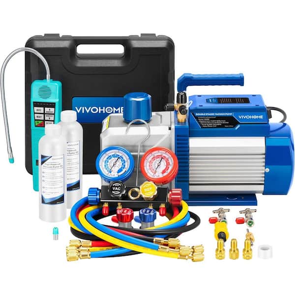 110-Volt 1 HP 9.6 CFM Dual Stage HVAC Vacuum Pump and 4-Way AC Manifold Gauge Set Kit with Leak Detector