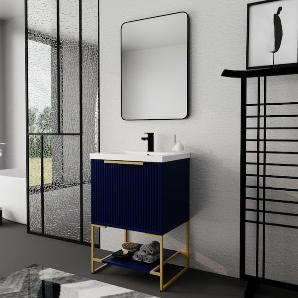 Aoibox 24 in. W x 18 in. D x 35 in. H Freestanding Bathroom Vanity in Navy Blue with Resin Top in with White Sink
