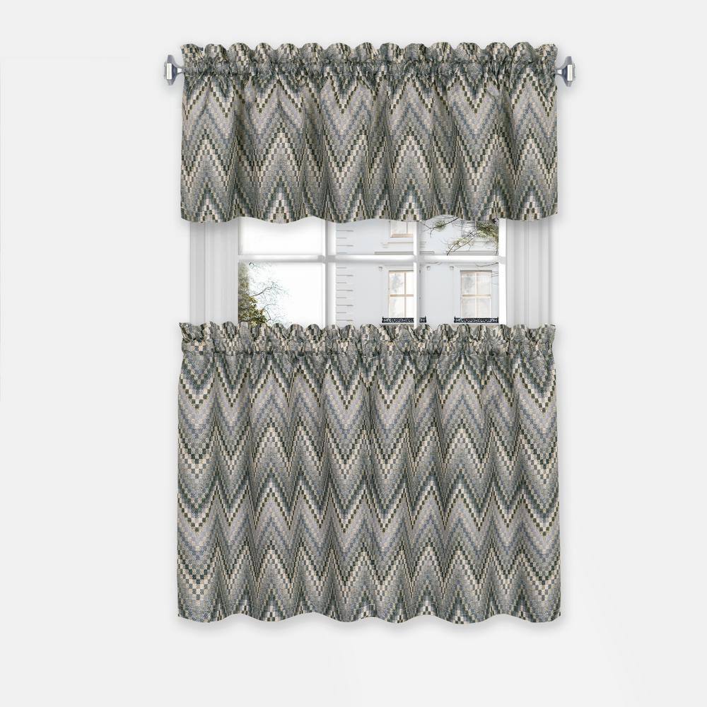 Charcoal Chevron Polyester Rod Pocket Tier Curtains and Valance Set