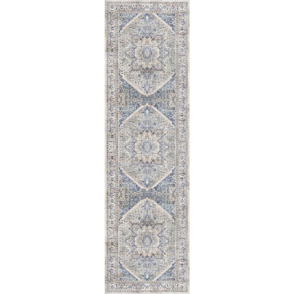 Vintage Home Beige Blue 2 ft. x 8 ft. Center medallion Traditional Runner Area Rug