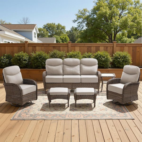High Crescent 6-Piece Brown Wicker Patio Conversation Set with Beige Cushions