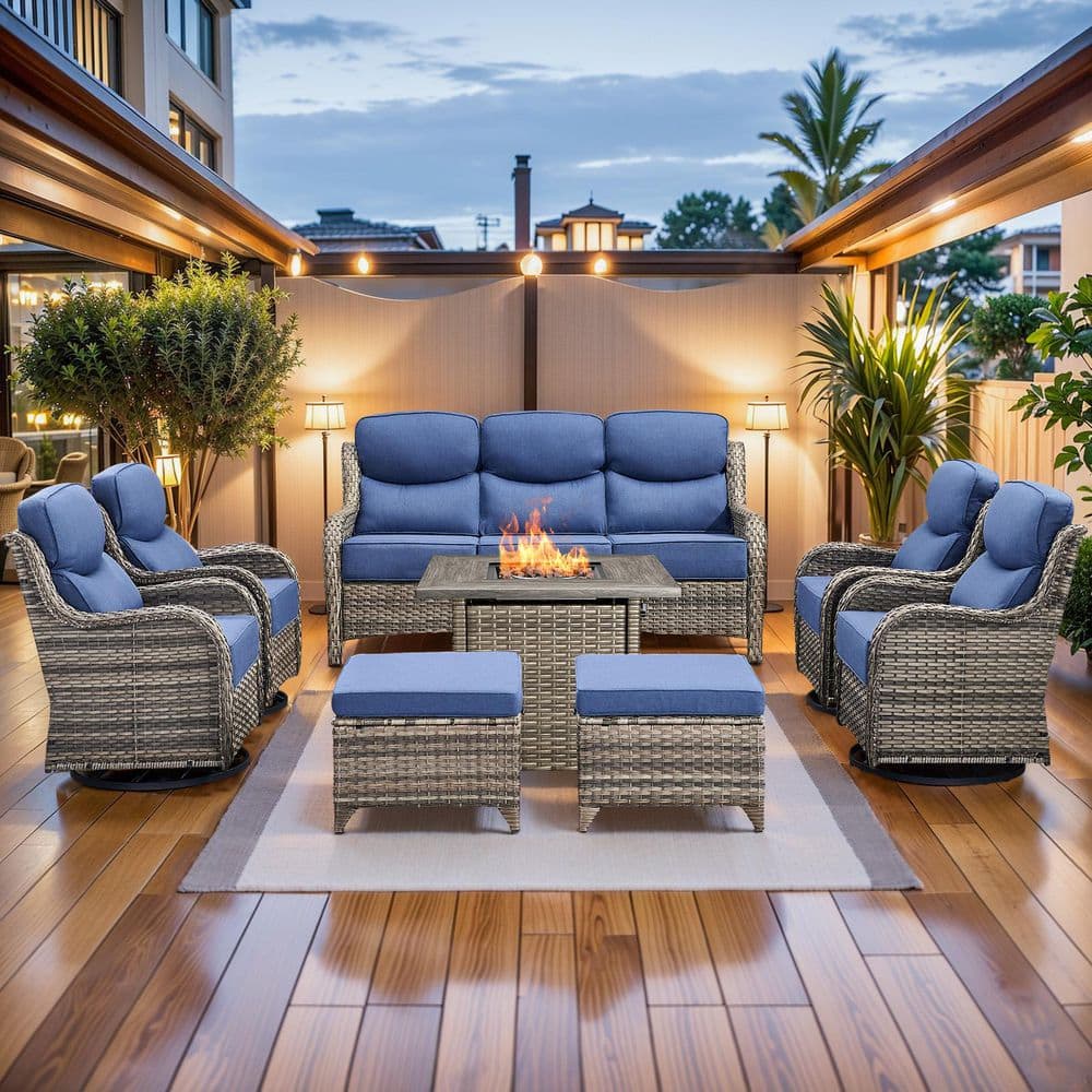MoonLuxe Gray Wicker Fire Pit Conversation Set with Blue Olefin 6 in. Thick Cushions Patio Swivel Chairs (8-Piece) price history on PriceWatchPro