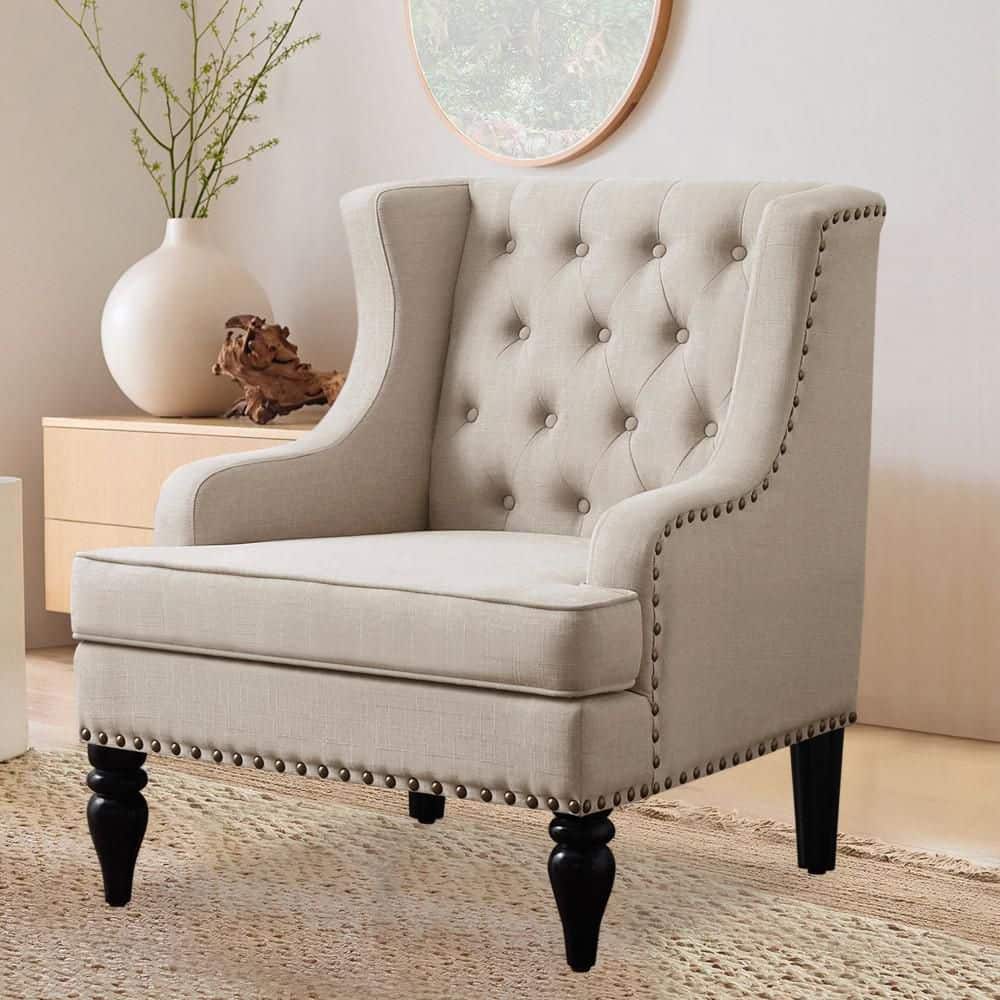 Beige Linen Side Chair with Button Tufting