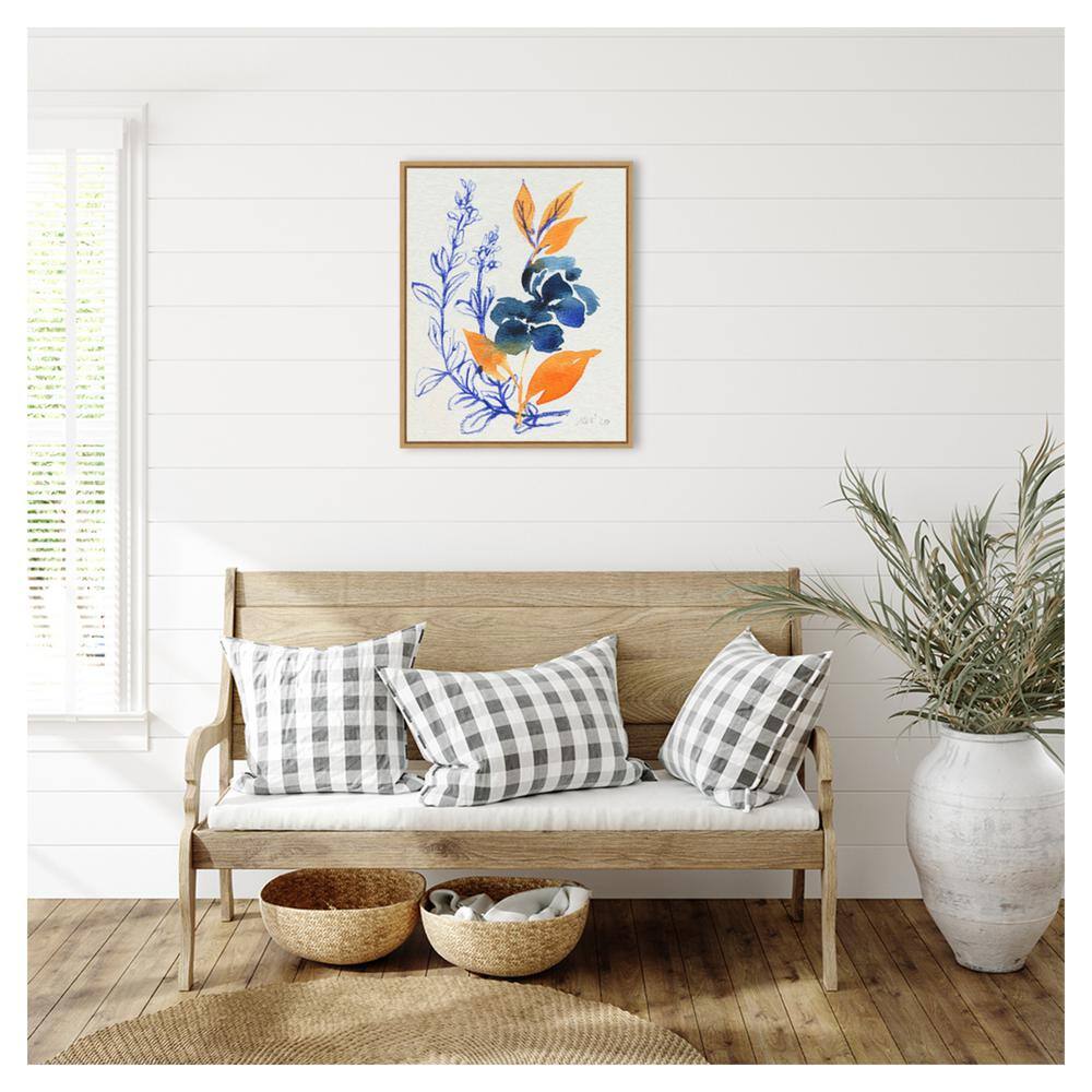 Indigo and Goldenrod Floral Canvas Print with Maple Frame