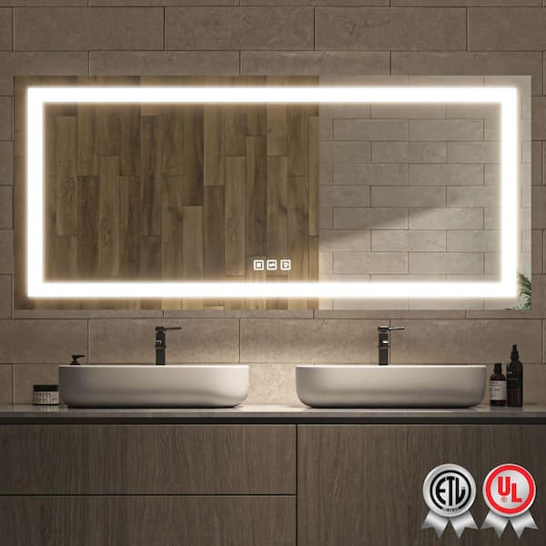 waterpar Super Bright 60 in. W x 28 in. H Rectangular Frameless Anti-Fog LED Wall Bathroom Vanity Mirror with Front Light