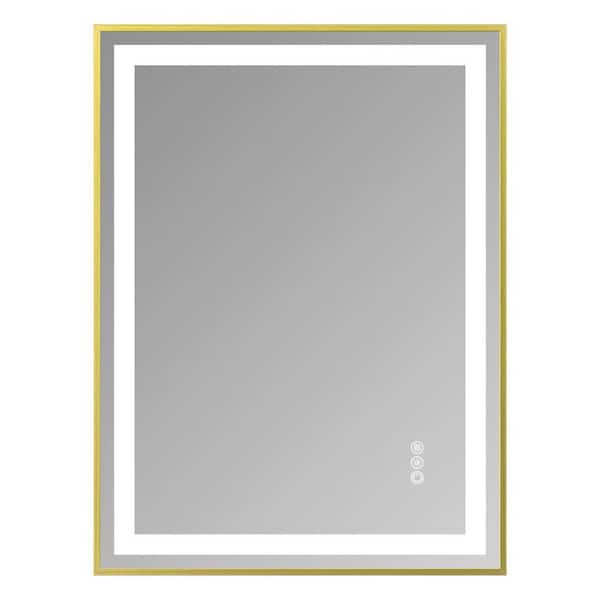 24 in. W x 32 in. H Rectangular Gold Framed Bathroom Vanity Mirror with Dual LED Light Strips Front and Back Lighting
