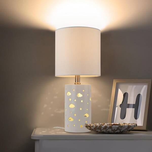 C Cattleya 17. 5in. Starry Table Lamp with White Ceramic Base and TC Fabric Shade, 3 Lighting Modes for Living Room, Nightstand