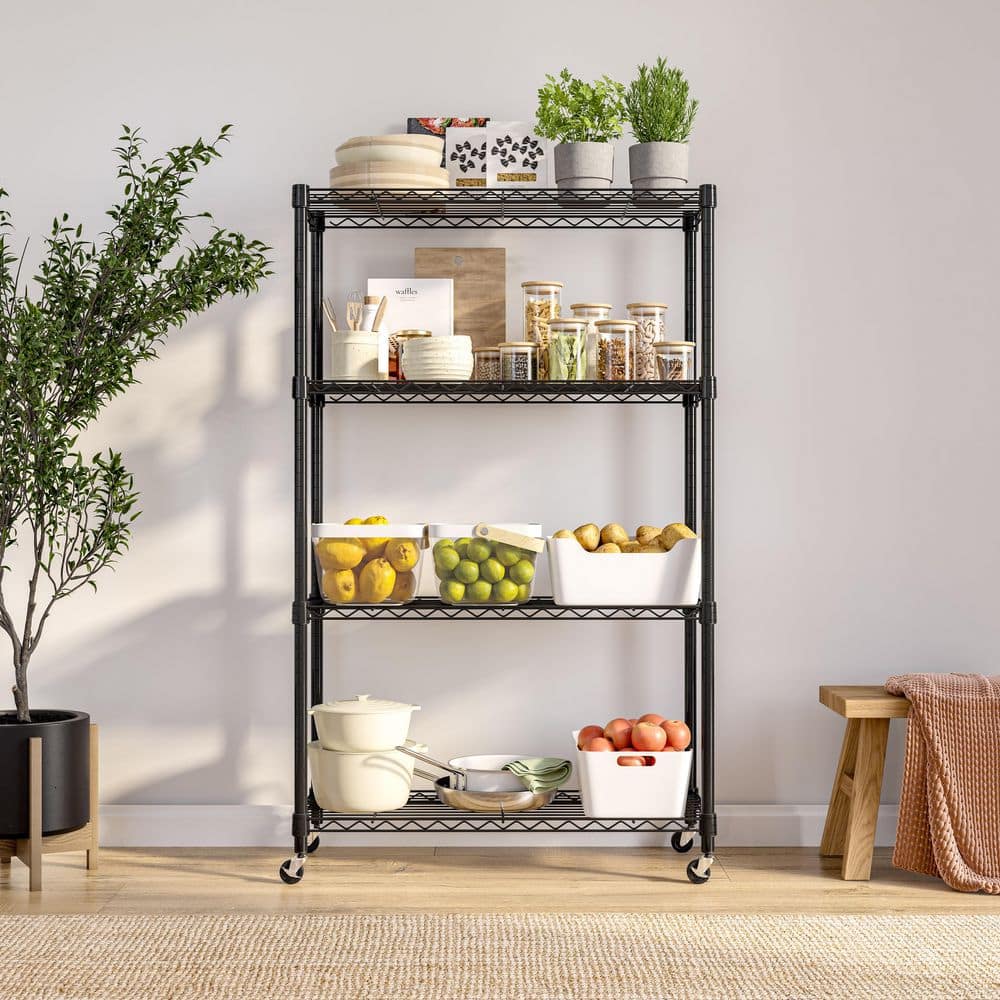 Adjustable Black Steel 4-Tier Wire Shelving Unit with Wheels
