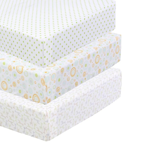 Cozy Line Home Fashions 3-Piece Green Yellow Polka Dots and Giraffes Cotton Crib/Toddler Fitted Sheets