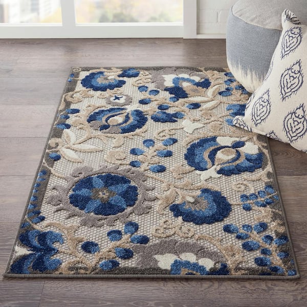 Aloha Blue doormat 3 ft. x 4 ft. Floral Modern Indoor/Outdoor Patio Kitchen Area Rug