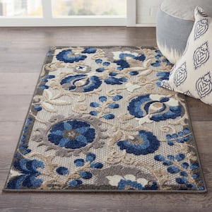 Aloha Blue 3 ft. x 4 ft. Floral Modern Indoor/Outdoor Patio Kitchen Area Rug