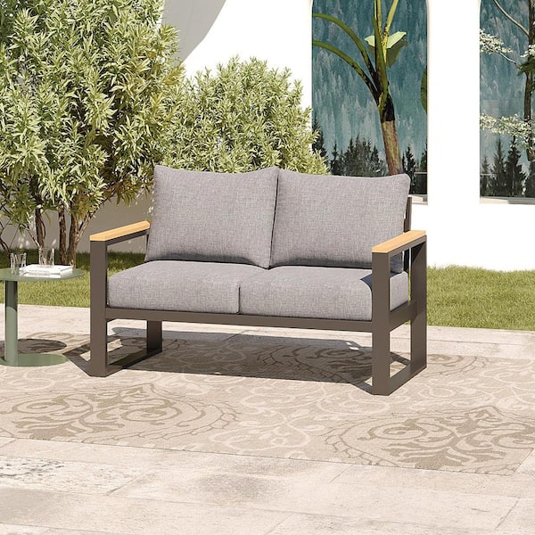Patio Aluminum Loveseat Sofa, Outdoor Loveseat Chair with Grey Cushions, Grey