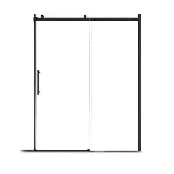 60 in W x 76 in H Single Sliding Frameless Clear Glass Shower Door in Matte black