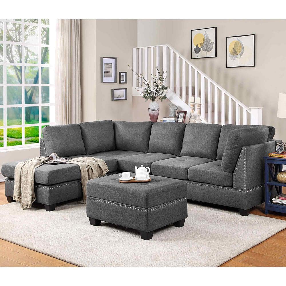 Polibi 104.5 in. Square Arm Linen L-Shaped Sofa with Storage